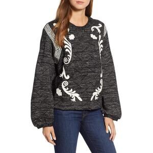 Lucky Brand Women's Size Large Embroidered Twill Pullover Sweater Black White